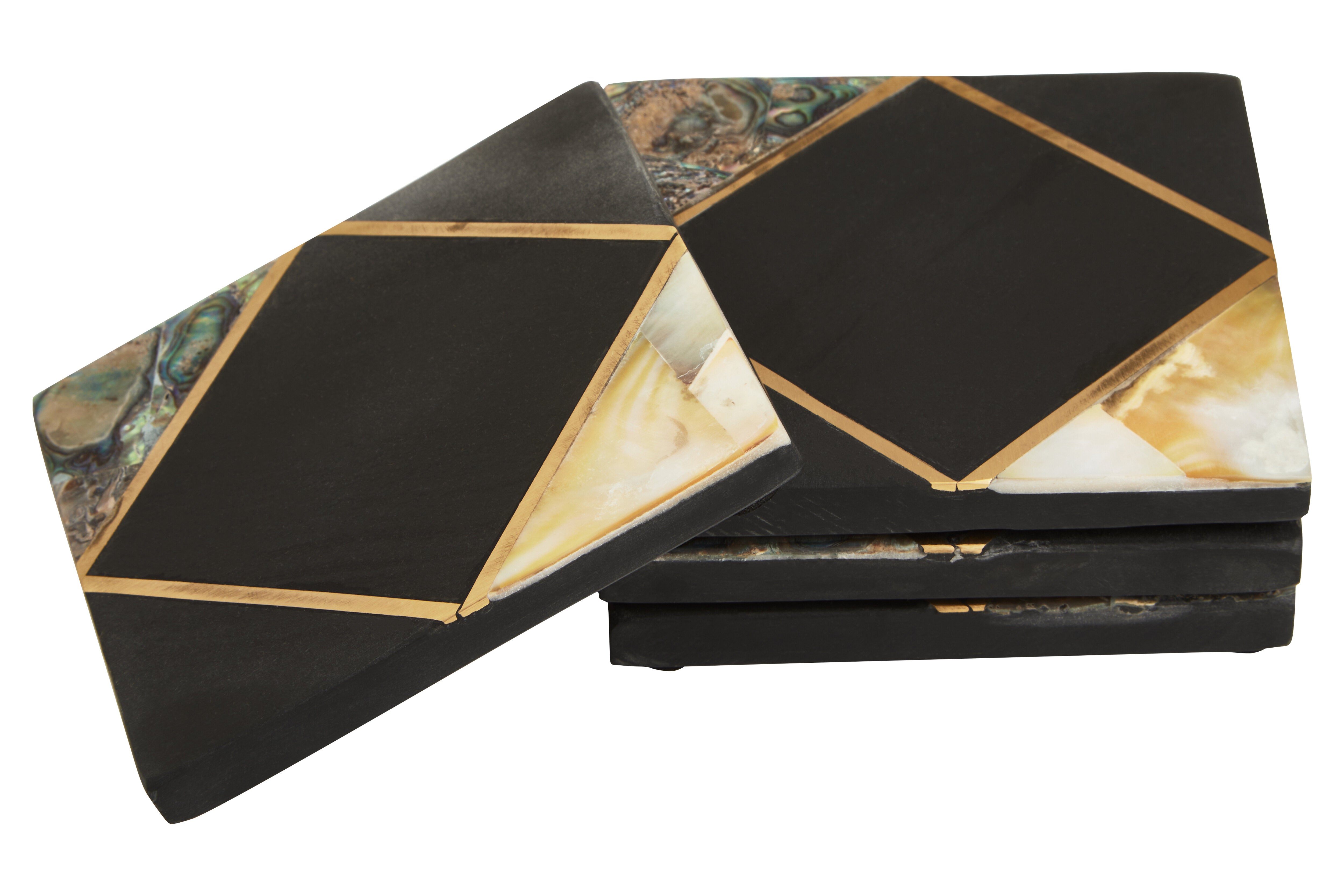 Set of 4 Martini Black Slate & Gold Square Coasters
